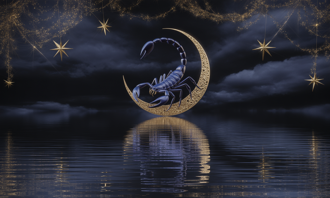 dark night sky with crescent moon over still water, deep indigo and black tones, mystical but dark gothic atmosphere, stars reflecting on water surface, and a scorpion a deep midnight blue tail entwined with the crescent moon.